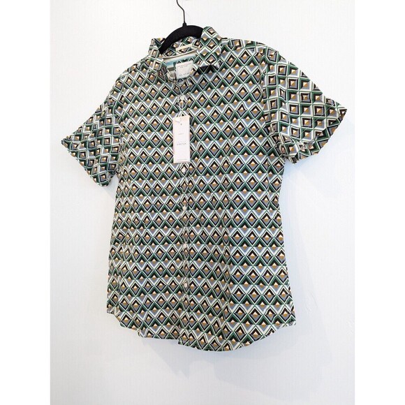 Denim & Flower Mens Button Down Shirt Size S Green Geometric Short Sleeve Casual - Picture 2 of 12